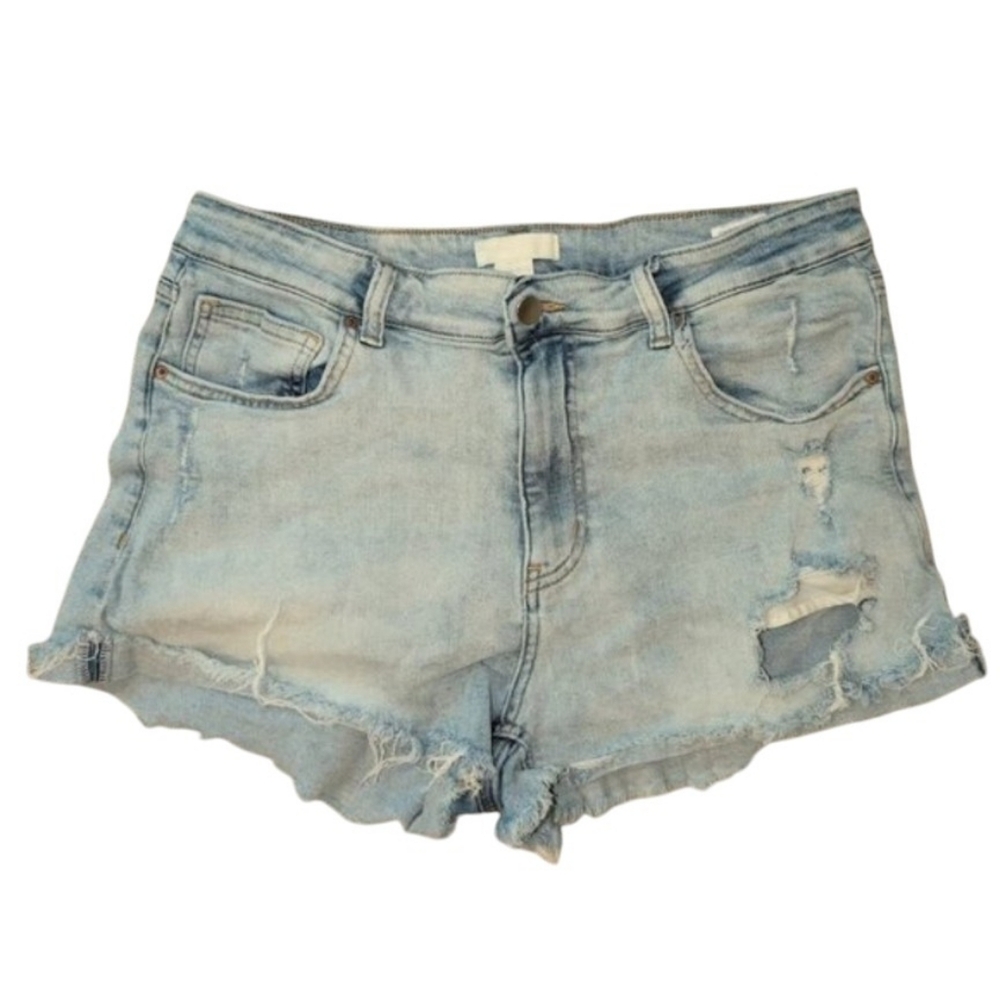H&M Women's 12 Light Blue Wash Distressed Denim Shorts Frayed